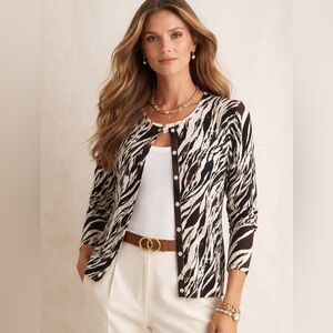 Vintage Knit Cardigan Animal print black brown white Large Petite